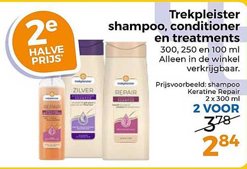 Trekpleister shampoo, conditioner en treatments 300, 250 en 100 ml Alleen in de winkel verkrijgbaar. 2e halve prijs