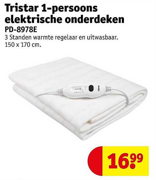 Tristar 1-persoons elektrische onderdeken PD-8978E 3 standen warmte regelaar en uitwasbaar. 150 x 170 cm.