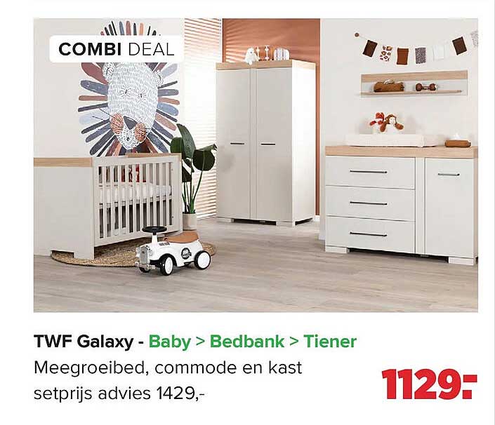 TWF Galaxy - Baby > Bedbank > Tiener Meegroeibed, commode en kast setprijs advies 1429,- COMBI DEAL