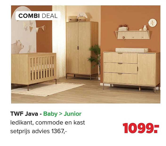 TWF Java - Baby > Junior ledikant, commode en kast setprijs advies 1367,- COMBI DEAL