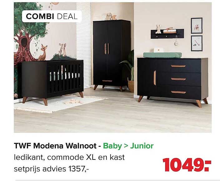 TWF Modena Walnoot - Baby > Junior ledikant, commode XL en kast setprijs advies 1357,-