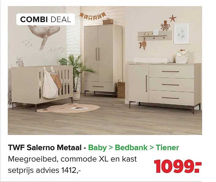 TWF Salerno Metaal - Baby > Bedbank > Tiener Meegroeibed, commode XL en kast setprijs advies 1412,-