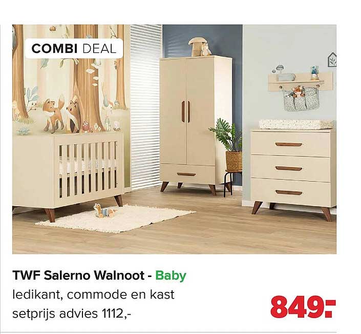 TWF Salerno Walnoot - Baby ledikant, commode en kast setprijs advies 1112,-