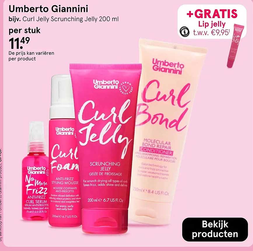 Umberto Giannini bijv. Curl Jelly Scrunching Jelly 200 ml +GRATIS Lip jelly t.w.v. €9,95