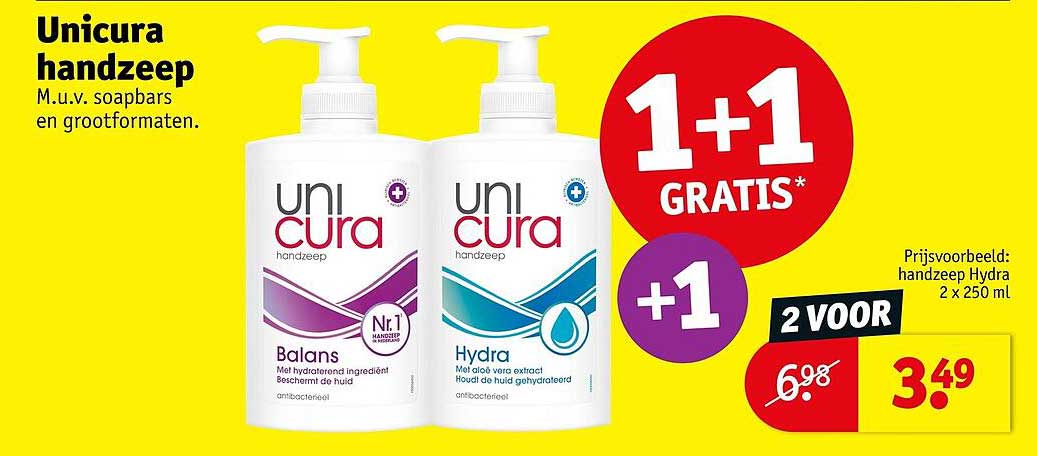Unicura handzeep 1+1 gratis