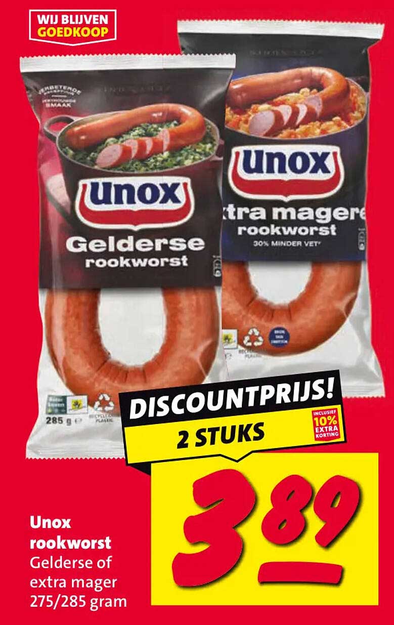 Unox rookworst Gelderse of extra mager 275/285 gram 2 stuks