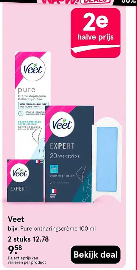 Veet bijv. Pure ontharingscrème 100 ml 2e halve prijs