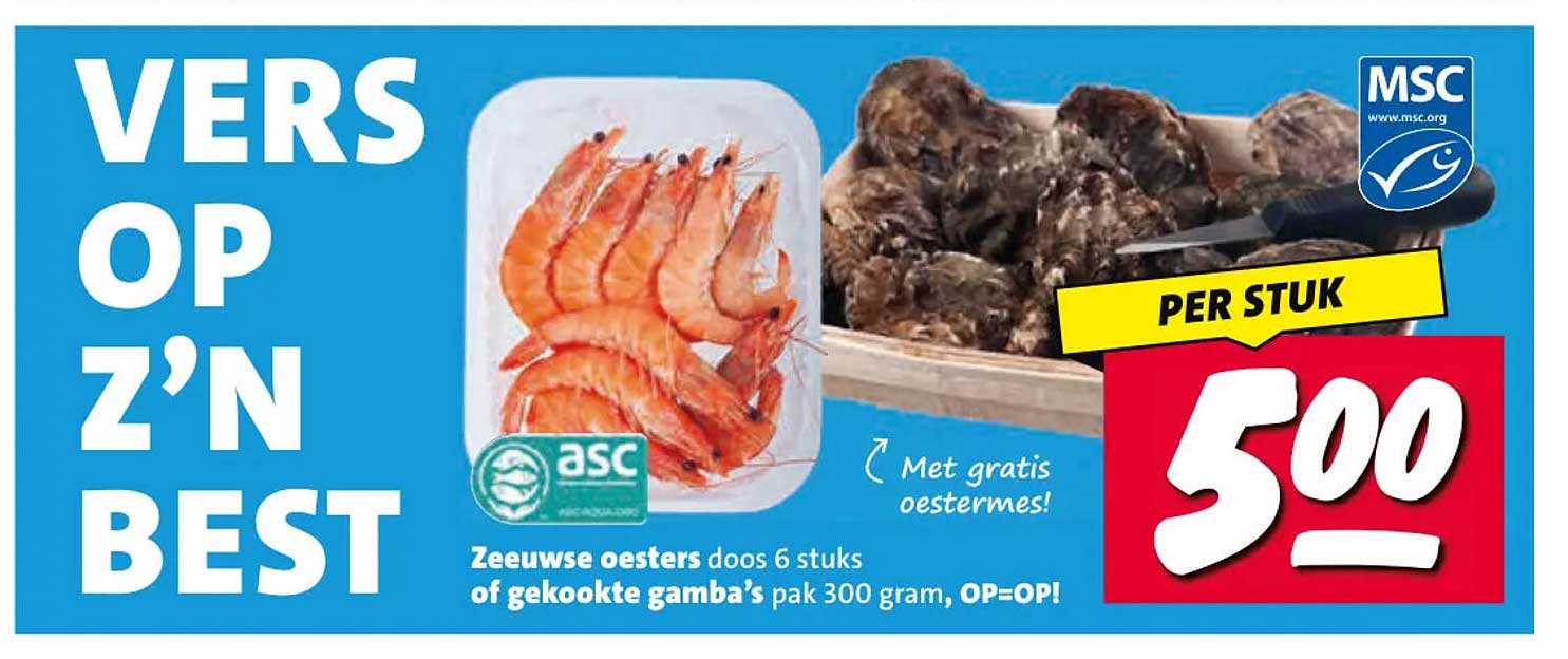 VERS OP Z'N BEST Zeeuwse oesters doos 6 stuks of gekookte gamba's pak 300 gram, OP=OP!