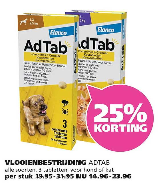 Vlooienbestrijding AdTab alle soorten, 3 tabletten, voor hond of kat 25% KORTING