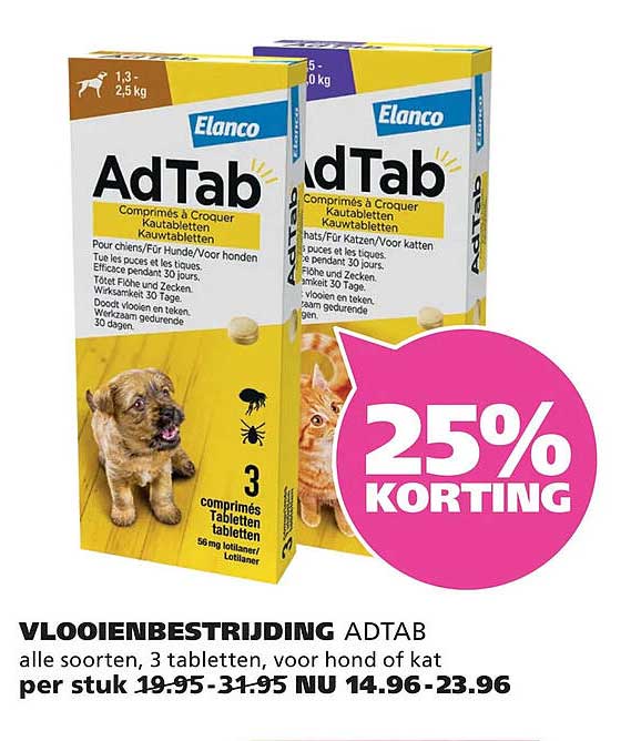VLOOIENBESTRIJDING ADTAB alle soorten, 3 tabletten, voor hond of kat 25% KORTING