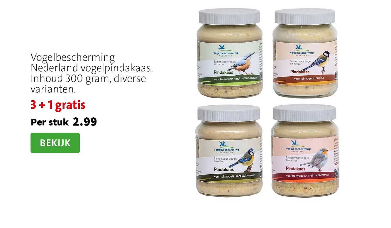 Vogelbescherming Nederland vogelpindakaas. Inhoud 300 gram, diverse varianten. 3 + 1 gratis