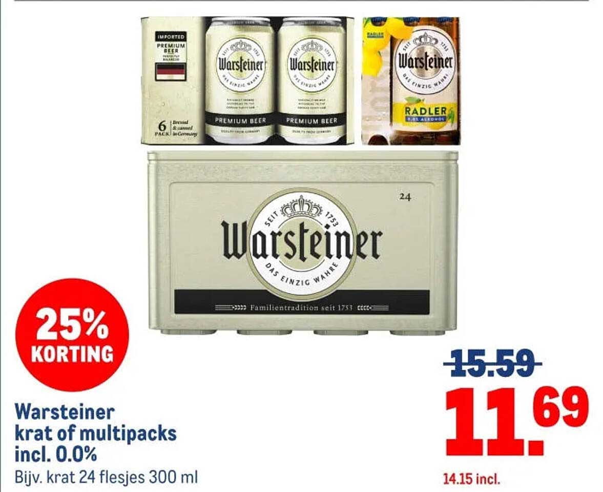 Warsteiner krat of multipacks incl. 0.0% 25% korting
