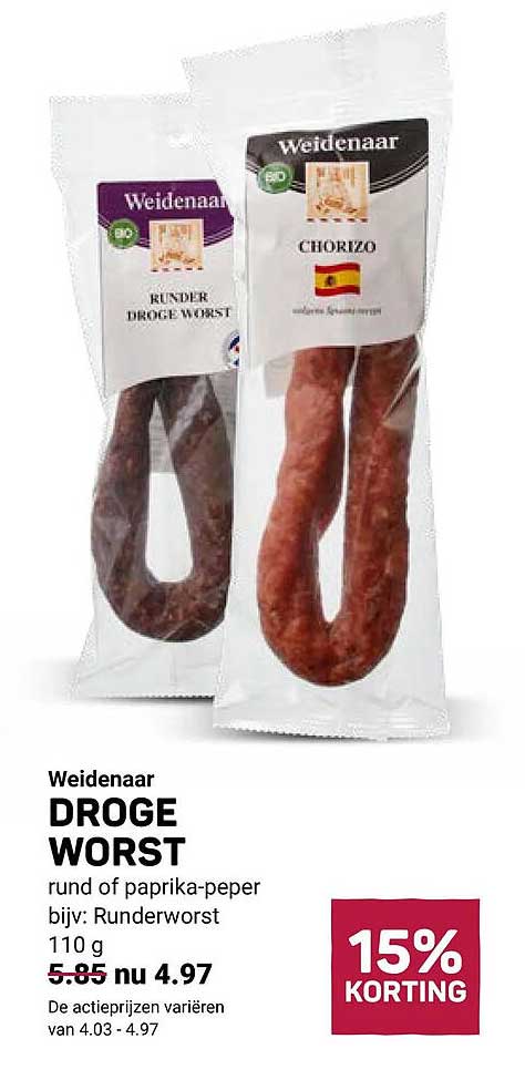 Weidenaar DROGE WORST rund of paprika-peper bijv: Runderworst 110 g 15% KORTING