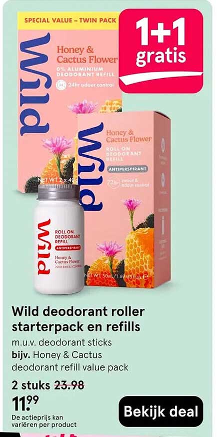 Wild deodorant roller starterpack en refills 1+1 gratis