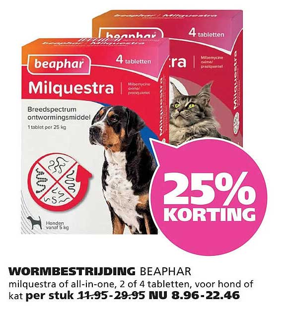 WORMBESTRIJDING BEAPHAR milquestra of all-in-one, 2 of 4 tabletten, voor hond of kat 25% KORTING