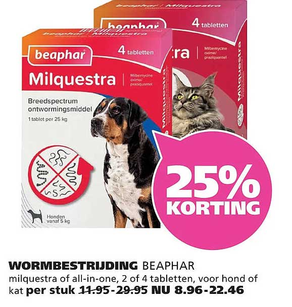 WORMBESTRIJDING BEAPHAR milquestra of all-in-one, 2 of 4 tabletten, voor hond of kat per stuk 11.95-29.95 NU 8.96-22.46 25% KORTING