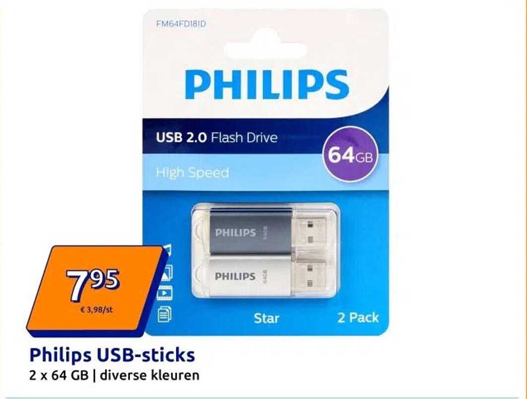 Philips USB-sticks 2 x 64 GB | diverse kleuren