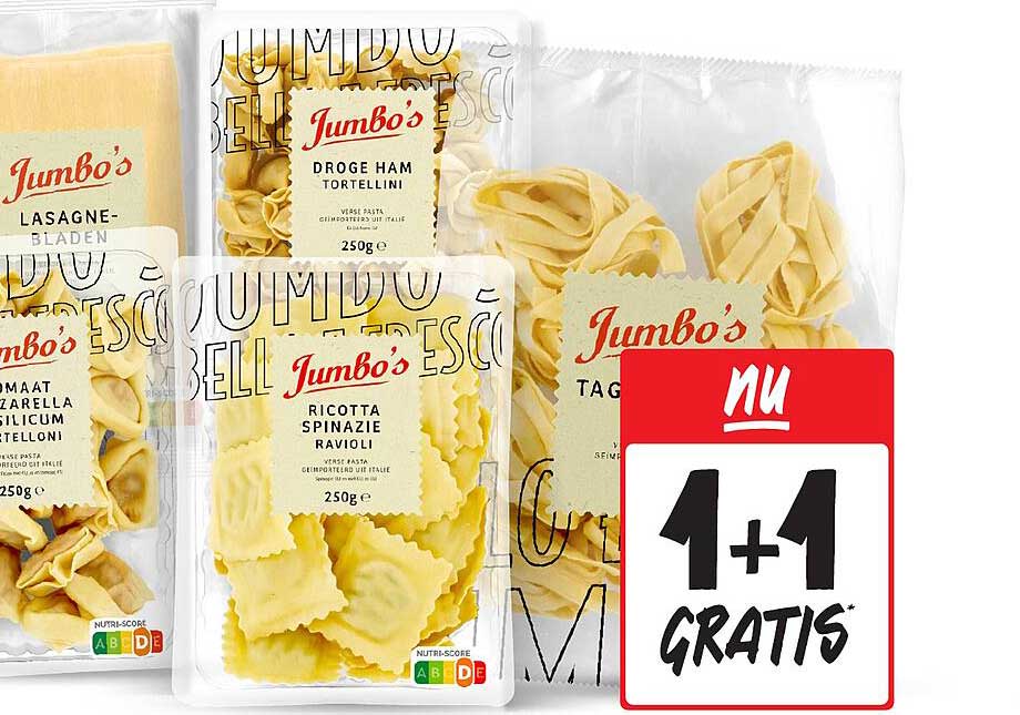 1 + 1 GRATIS op Jumbo's verse pasta!