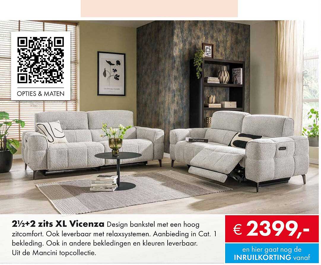 2½/2 zits XL Vicenza Design bankstel met een hoog zitcomfort