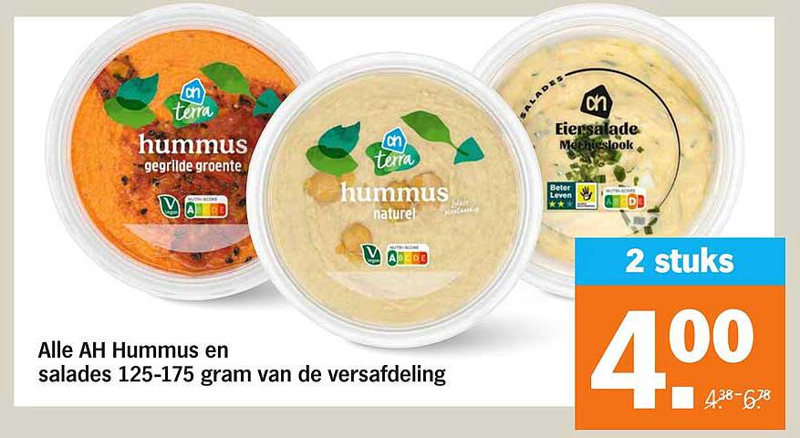 Alle AH Hummus en salades 125-175 gram van de versafdeling