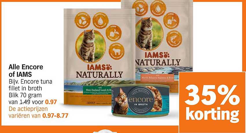 Alle Encore of IAMS Bijv. Encore tuna fillet in broth Blik 70 gram van 1.49 voor 0.97