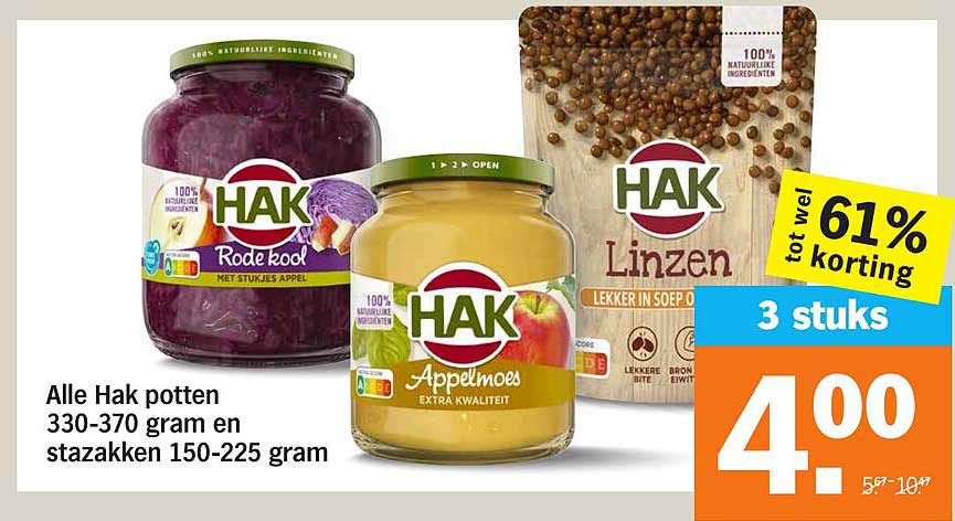 Alle Hak potten 330-370 gram en stazakken 150-225 gram
