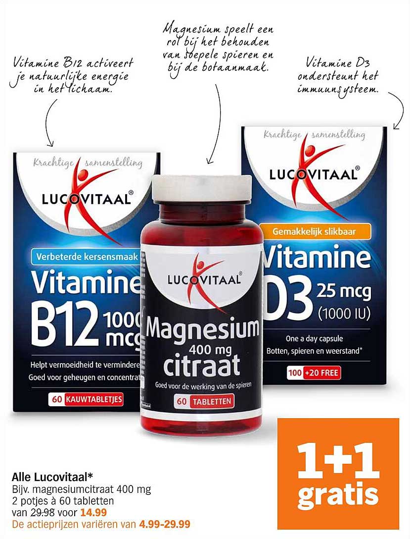 Alle Lucovitaal* Bijv. magnesiumcitraat 400 mg 2 potjes à 60 tabletten van 29.98 voor 14.99