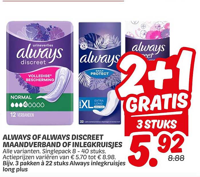 ALWAYS OF ALWAYS DISCREET MAANDVERBAND OF INLEGKRUISJES