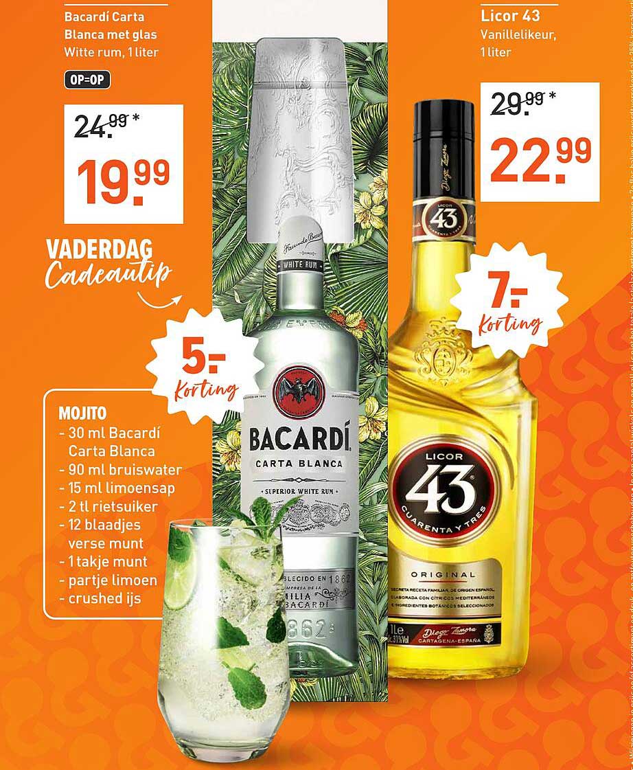 Bacardí Carta Blanca met glas Witte rum, 1 liter