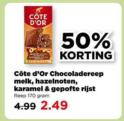 Côte d'Or Chocoladereep melk, hazelnoten, karamel & gepofte rijst