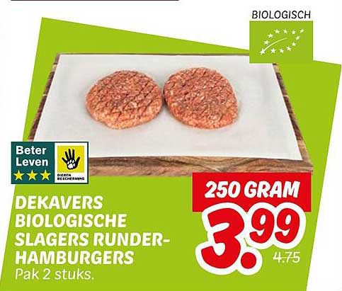 DEKAVERS BIOLOGISCHE SLAGERS RUNDER-HAMBURGERS Pak 2 stuks
