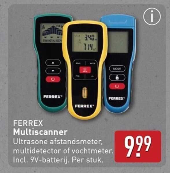 FERREX Multiscanner - Ultrasone afstands-meter, multidetector of vochmeter. Incl. 9V-batterij. Per stuk.