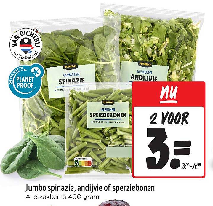 Jumbo spinazie, andijvie of sperziebonen