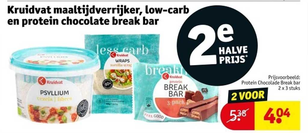 Kruidvat maaltijdverrijker, low-carb en protein chocolate break bar
