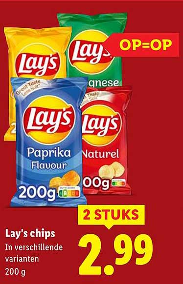 Lay's chips, 2 stuks voor 2,99