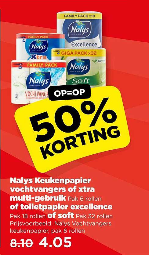 Nalys Keukenpapier vochtvangers of xtra multi-gebruik Pak 6 rollen of toiletpapier excellence Pak 18 rollen of soft Pak 32 rollen