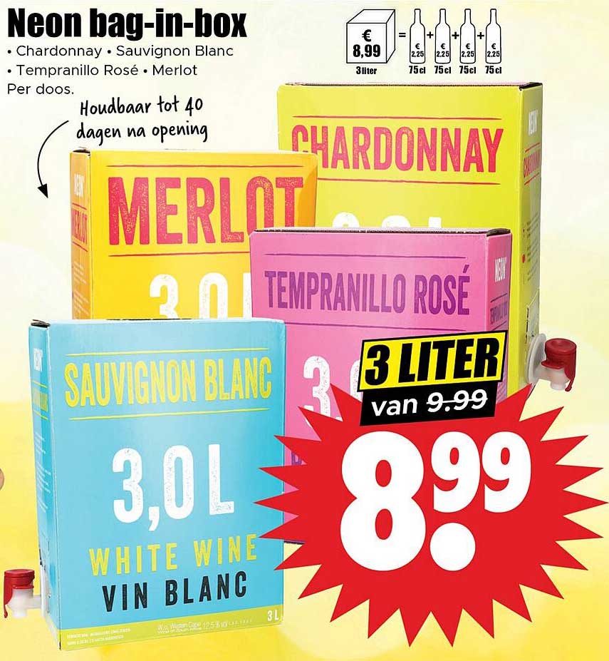 Neon bag-in-box 3L wijn voor €8,99