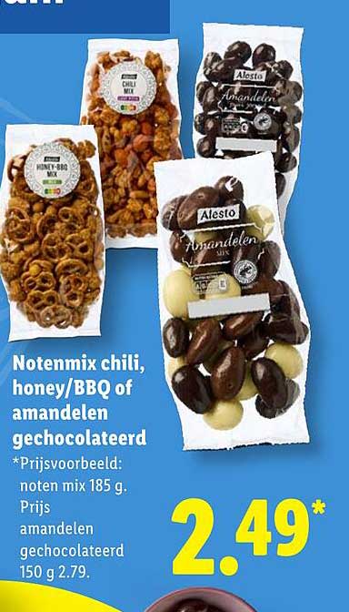 Notenmix chili, honey/BBQ of amandelen gechocolateerd