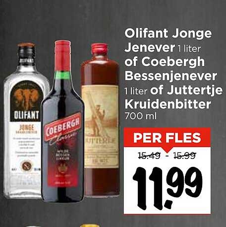 Olifant Jonge Jenever 1 liter of Coebergh Bessenjenever 1 liter of Juttertje Kruidenbitter 700 ml