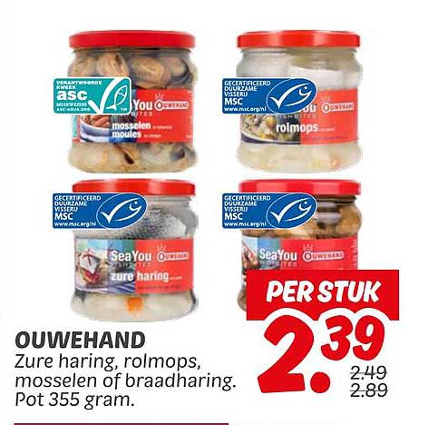 OUWEHAND Zure haring, rolmops, mosselen of braadharing. Pot 355 gram.