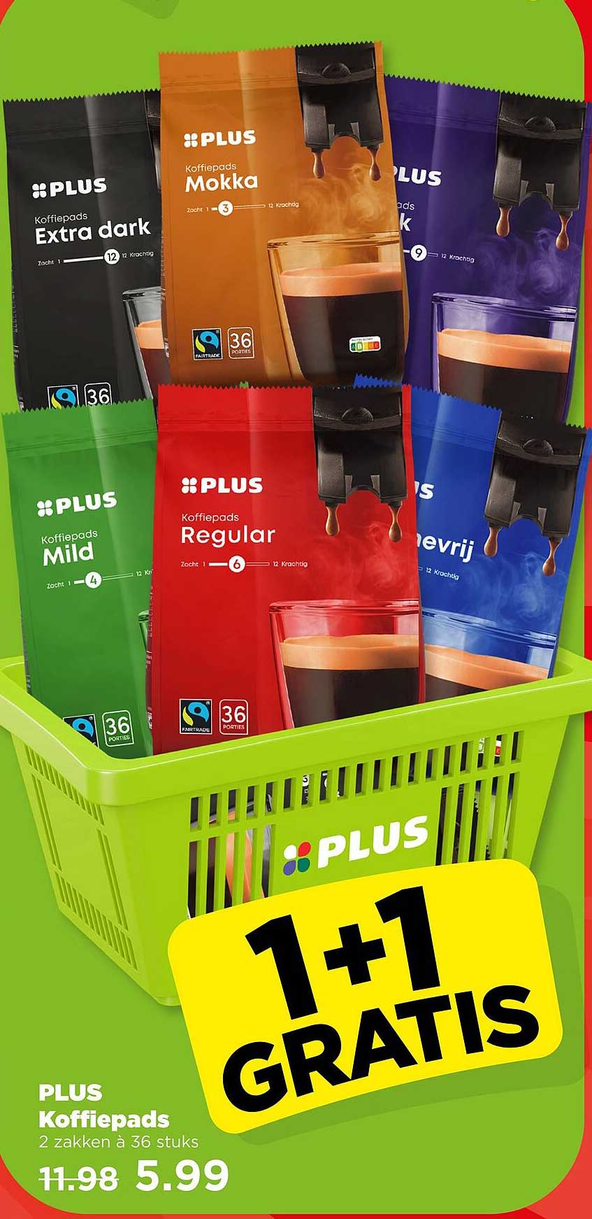 PLUS Koffiepads 2 zakken à 36 stuks