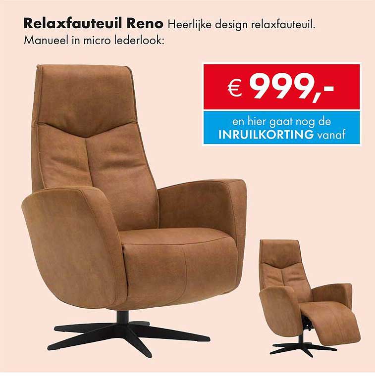 Relaxfauteuil Reno Heerlijke design relaxfauteuil. Manueel in micro lederlook: