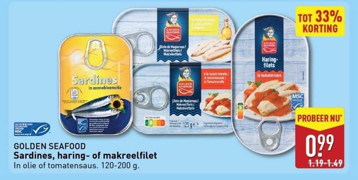 Sardines, haring- of makreelfilet in olie of tomatensaus 120-200 g