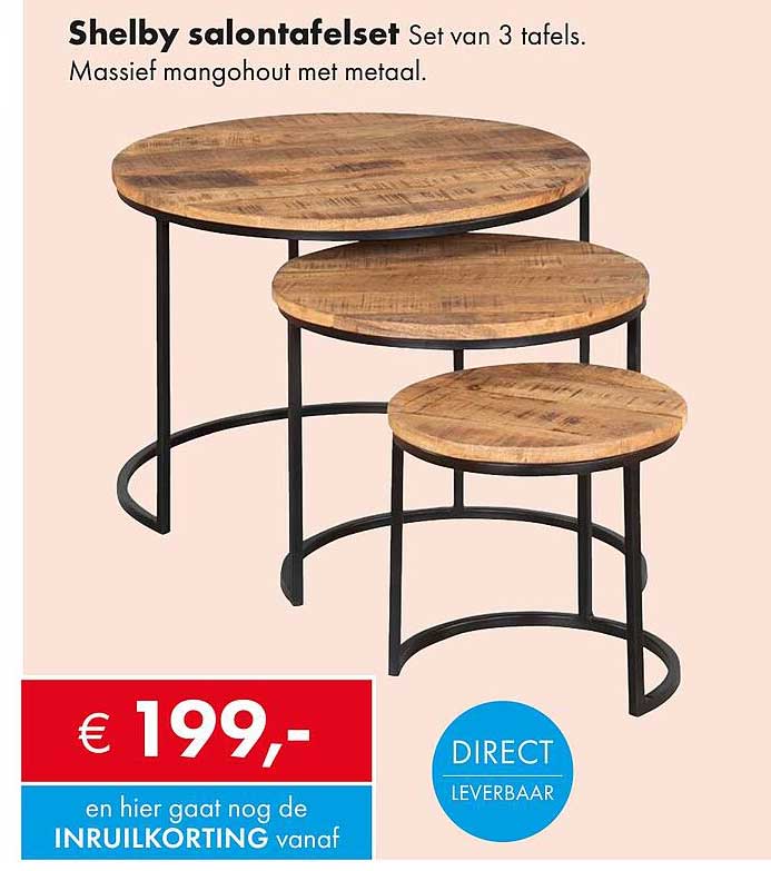 Shelby salontafelset Set van 3 tafels. Massief mangohout met metaal.