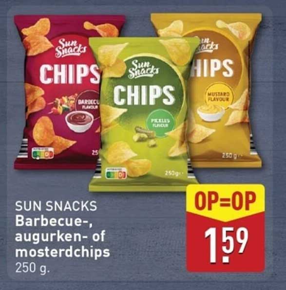 SUN SNACKS Barbecue-, augurken- of mosterdchips 250 g.