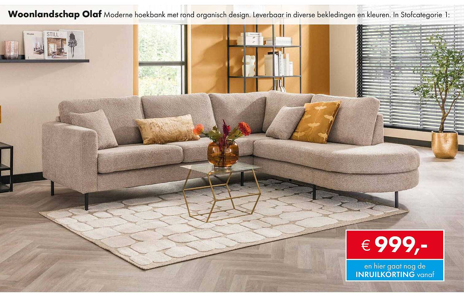 Woonlandschap Olaf Moderne hoekkbank met rond organisch design. Leverbaar in diverse bekledingen en kleuren.