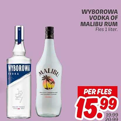WYBOROWA VODKA OF MALIBU RUM, Fles 1 liter