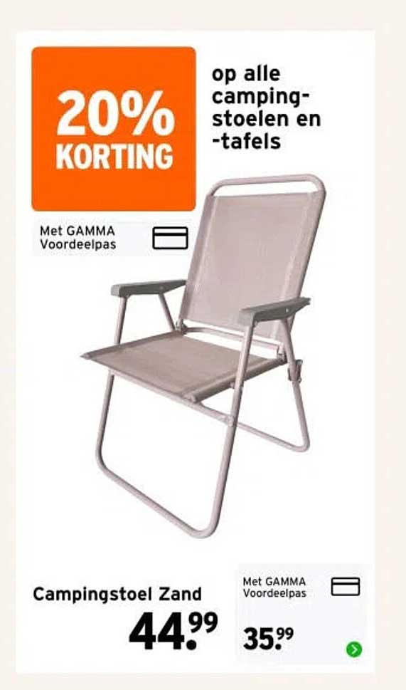 20% korting op alle camping-stoelen en -tafels
