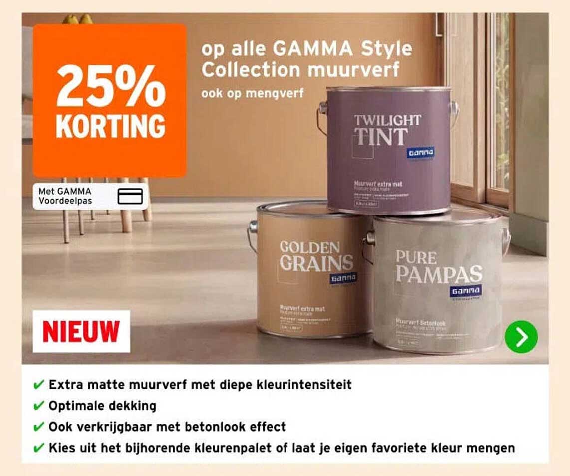 25% korting op alle GAMMA Style Collection muurverf, ook op mengverf