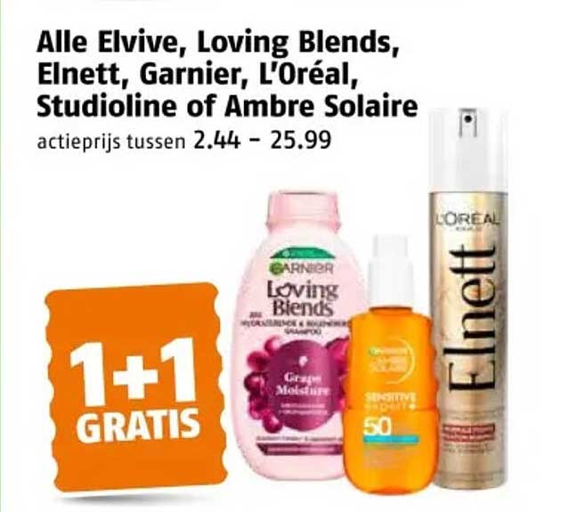 Alle Elvive, Loving Blends, Elnett, Garnier, L'Oréal, Studioline of Ambre Solaire 1+1 GRATIS